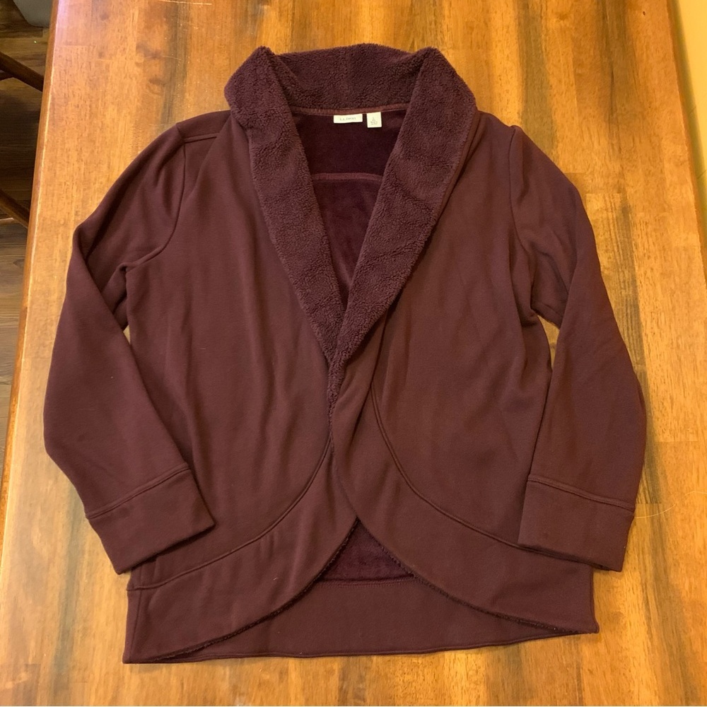 L.L. Bean Large Burgundy Shawl Collar Cardigan Fleece Lined Pockets